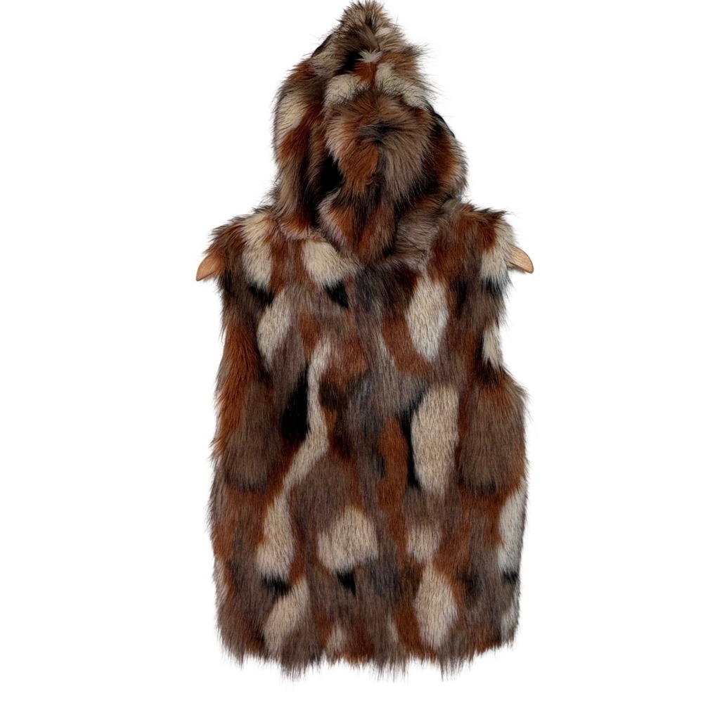 American Eagle Brown Multi Color Faux Fur Hooded‎ Zip Vest Small RN 54485 - Picture 4 of 8